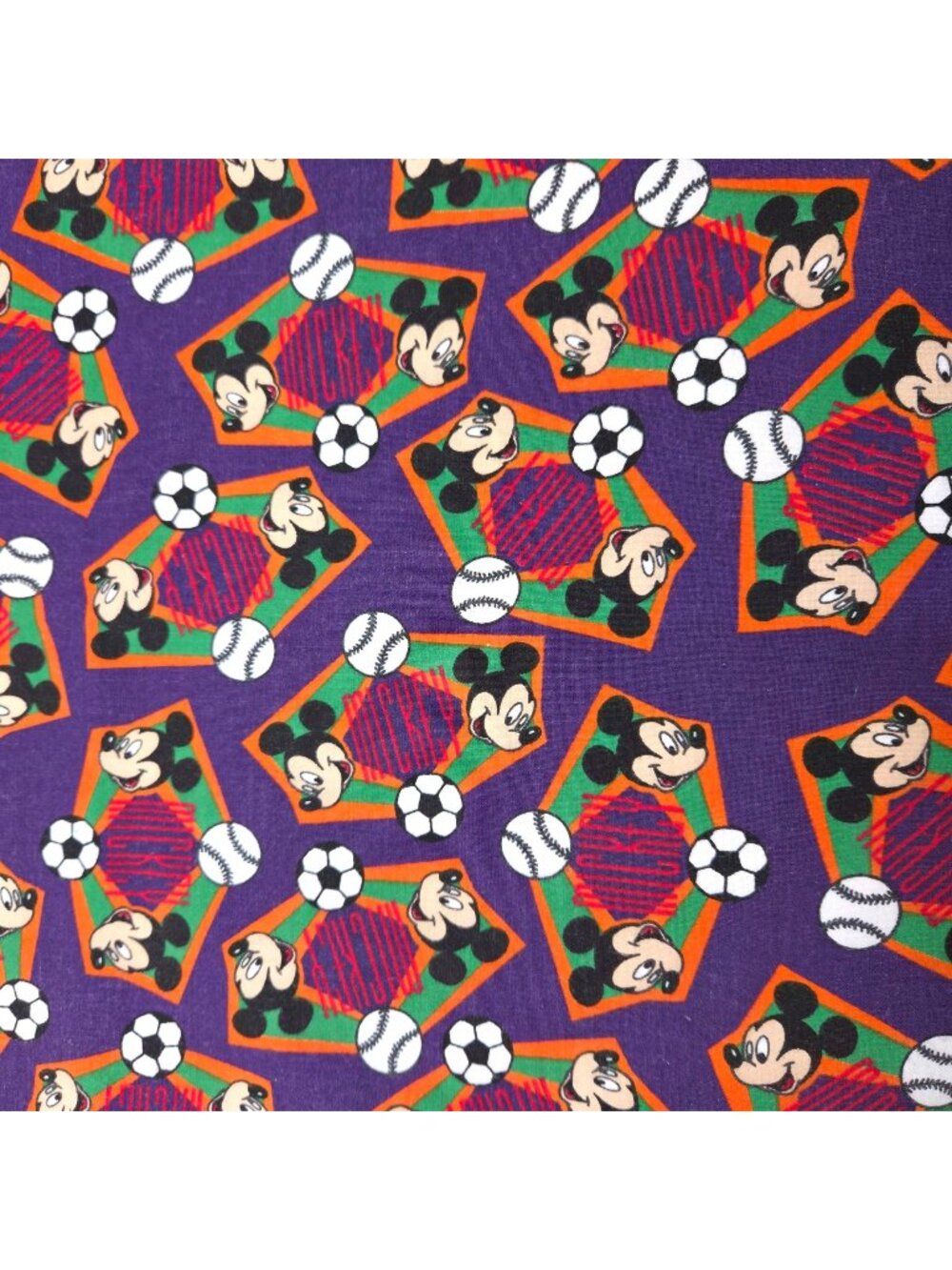Vtg Disney Mickey Mouse Sports Cotton Fabric 2 Pieces 19x35 Inches Each Washed